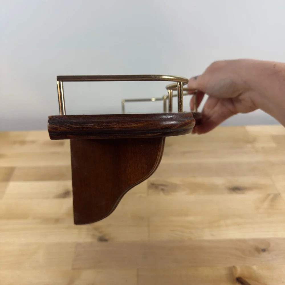 Vintage Dark Wood Wall Shelf with Brass Gallery Rail Plate Groove USA Made 16in